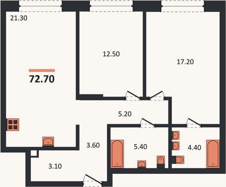 Планировка: 2-к, 72,7 м²