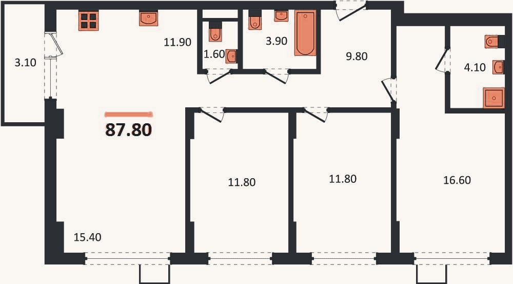 Планировка: 3-к, 87,8 м²