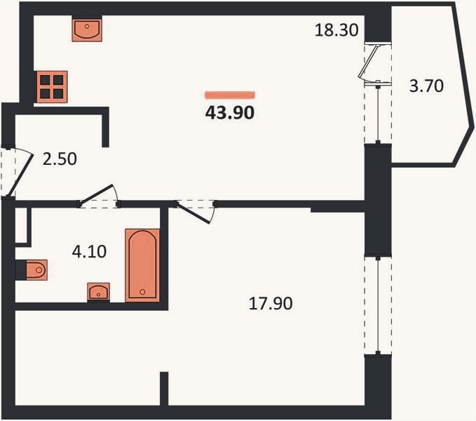 Планировка: 1-к, 43,9 м²
