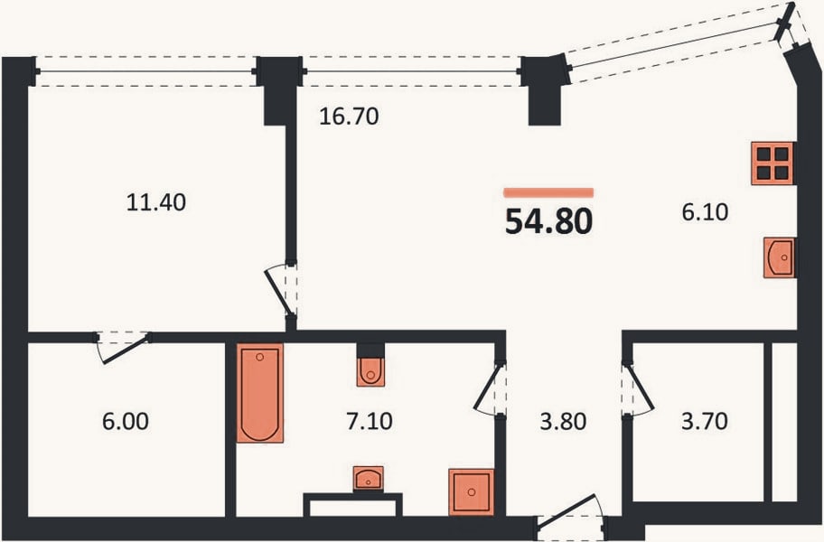 Планировка: 1-к, 54,8 м²