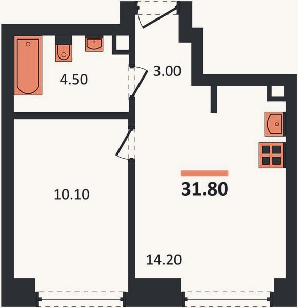 Планировка: 1-к, 31,8 м²