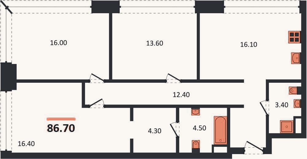 Планировка: 3-к, 86,7 м²