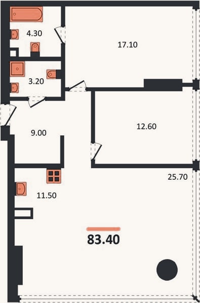 Планировка: 2-к, 83,4 м²