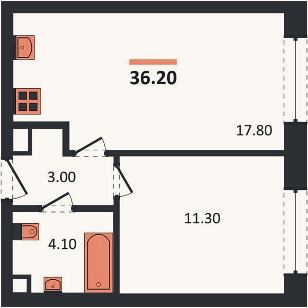 Планировка: 1-к, 36,2 м²