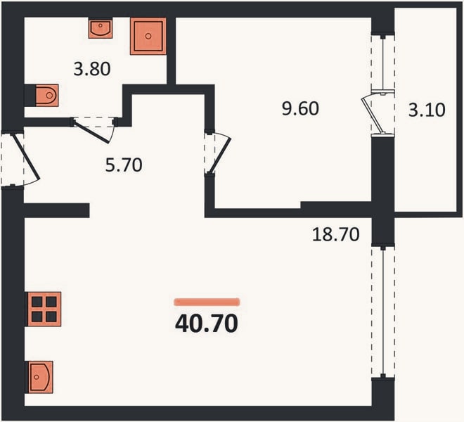 Планировка: 1-к, 40,7 м²