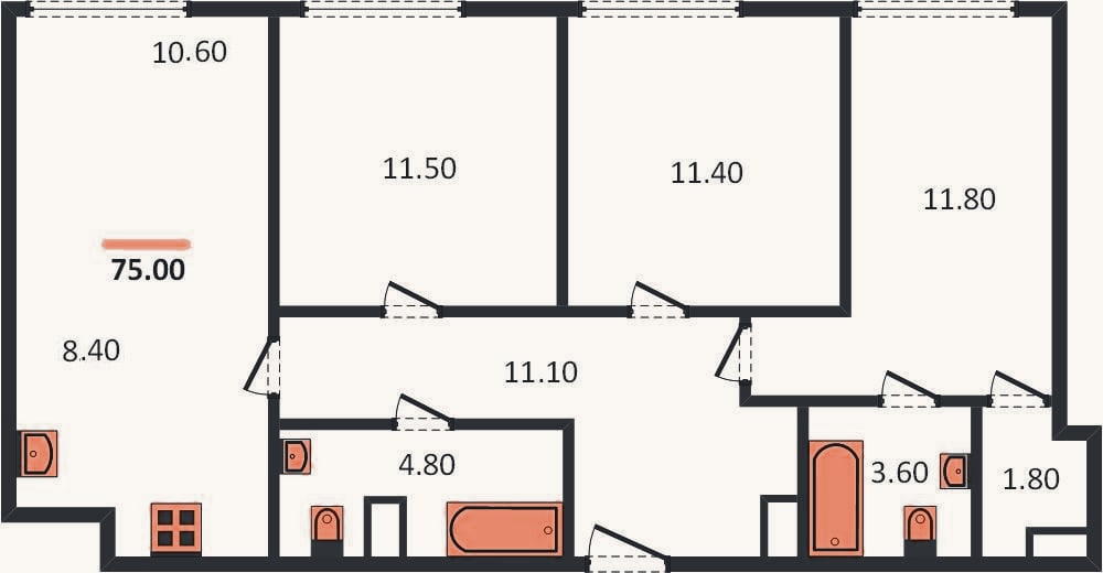 Планировка: 3-к, 75 м²