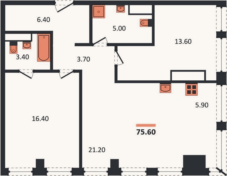 Планировка: 2-к, 75,6 м²