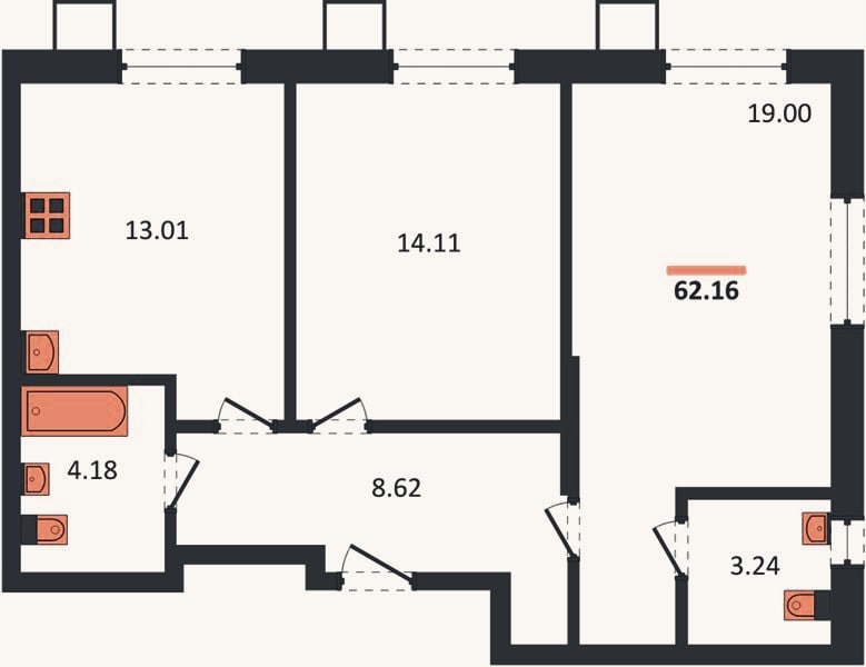 Планировка: 2-к, 62,2 м²