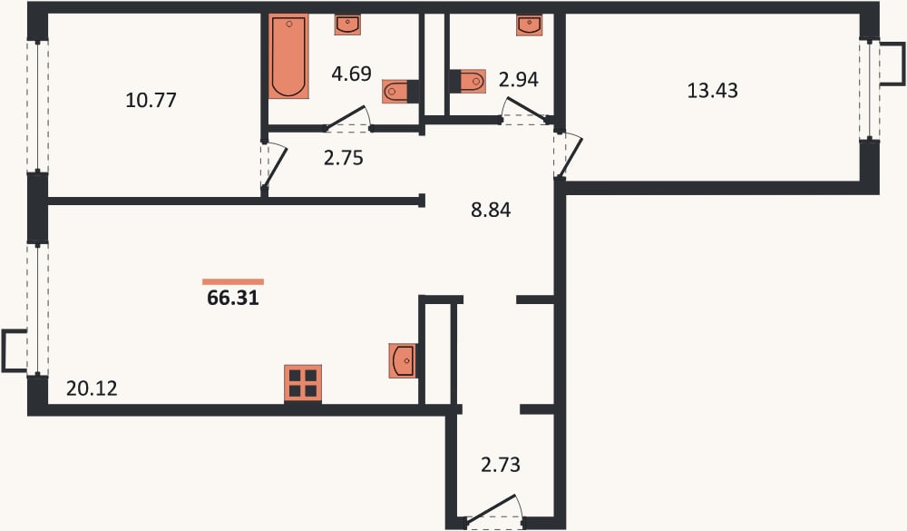 Планировка: 2-к, 66,4 м²