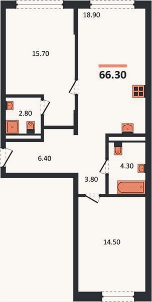 Планировка: 2-к, 66,3 м²
