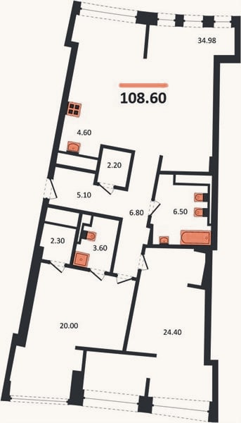 Планировка: 2-к, 108,6 м²