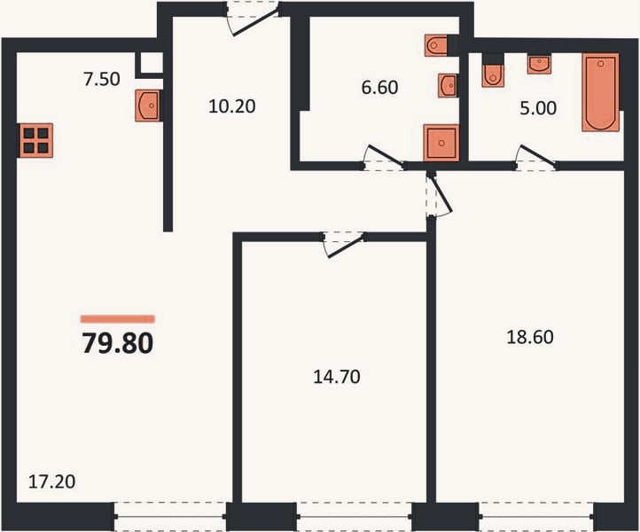 Планировка: 2-к, 79,8 м²
