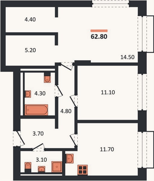 Планировка: 2-к, 62,8 м²
