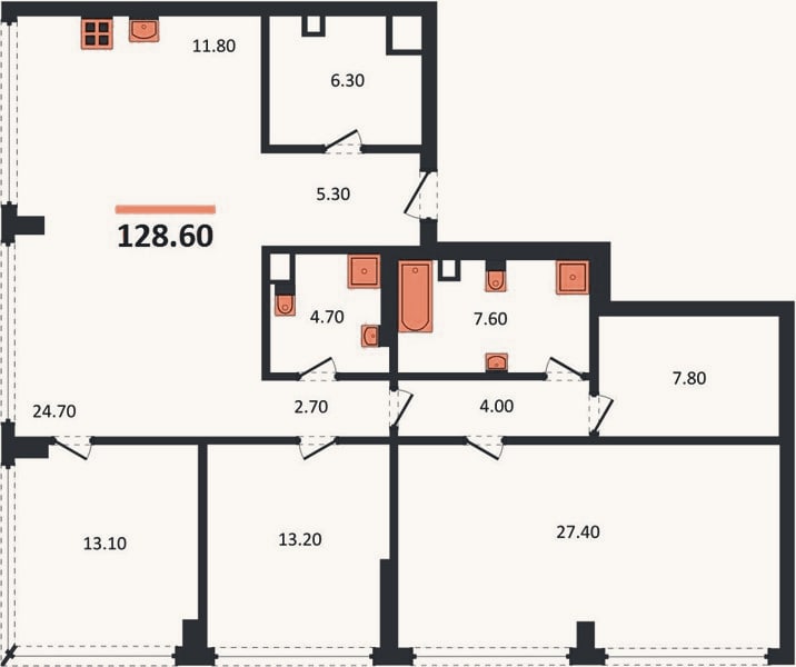 Планировка: 2-к, 128,6 м²