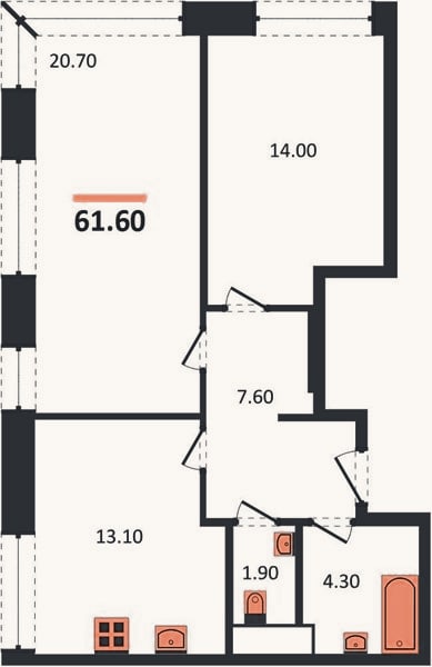 Планировка: 2-к, 61,6 м²