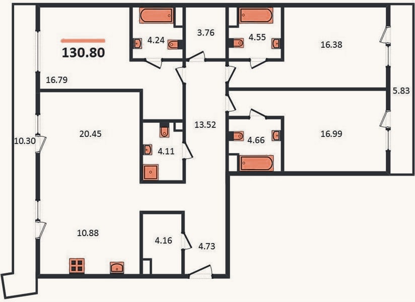 Планировка: 3-к, 130,8 м²