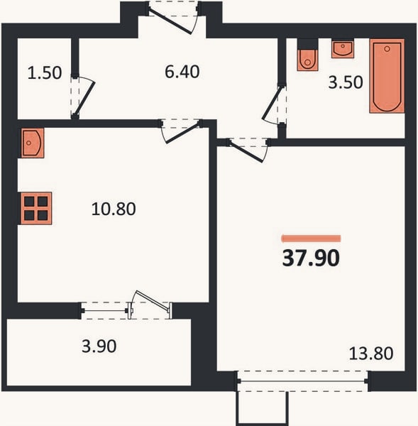 Планировка: 1-к, 37,9 м²