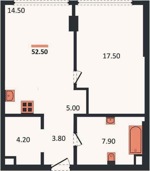 Планировка: 1-к, 52,5 м²