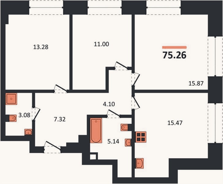 Планировка: 3-к, 75,3 м²