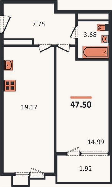 Планировка: 1-к, 47,5 м²