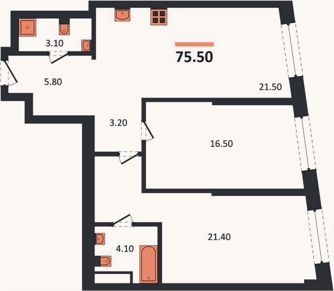 Планировка: 2-к, 75,5 м²