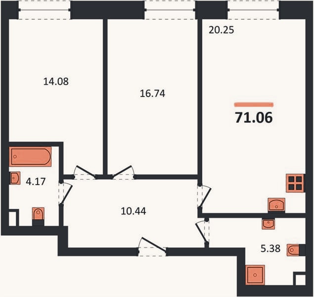 Планировка: 2-к, 71,1 м²