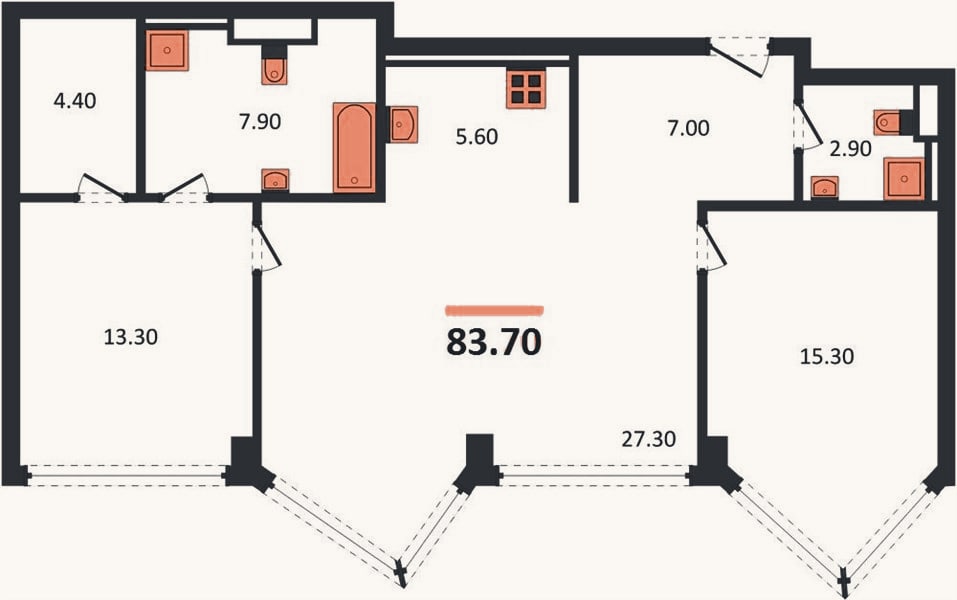 Планировка: 2-к, 83,7 м²