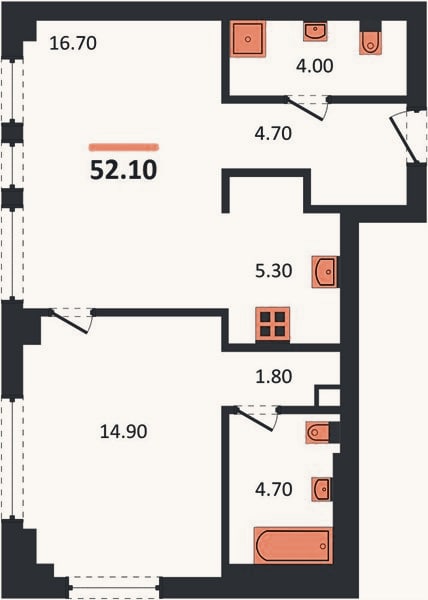 Планировка: 1-к, 52,1 м²