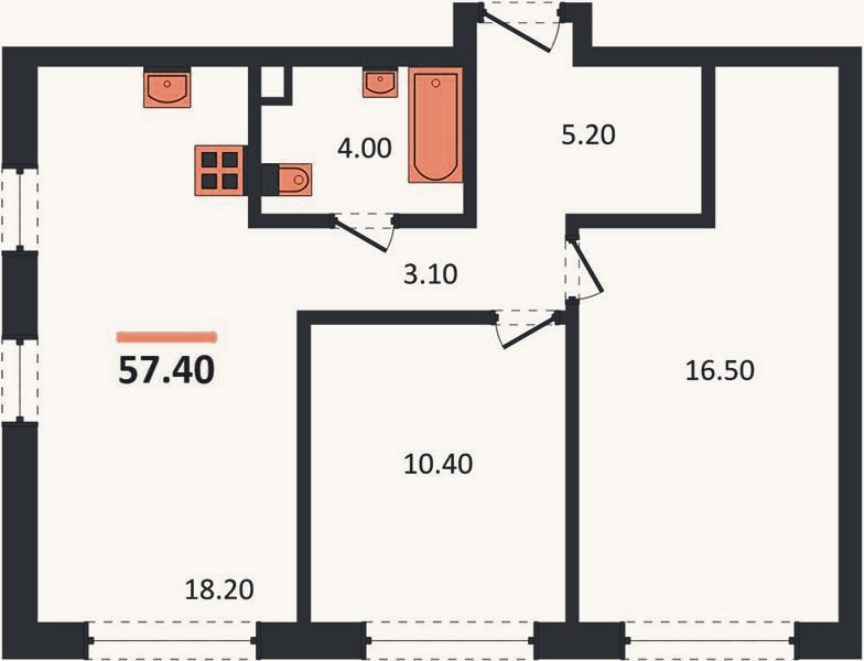 Планировка: 2-к, 57,4 м²