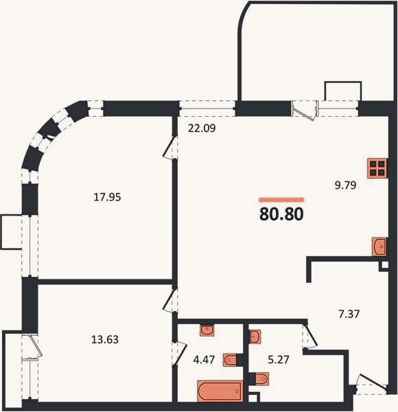 Планировка: 2-к, 80,8 м²