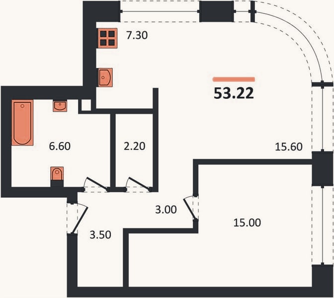 Планировка: 1-к, 53,2 м²