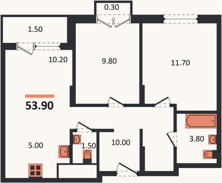 Планировка: 2-к, 53,9 м²