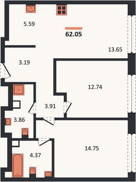 Планировка: 2-к, 62,1 м²