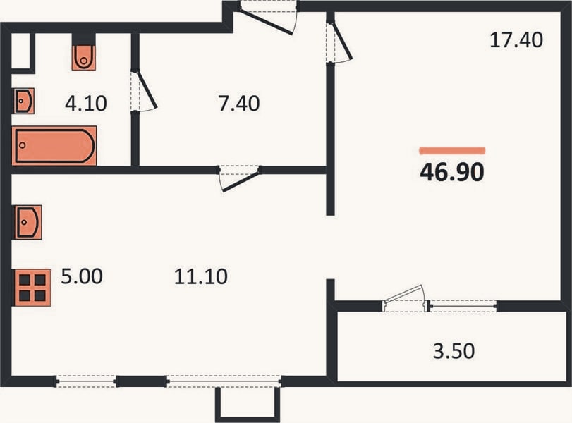 Планировка: 1-к, 46,9 м²