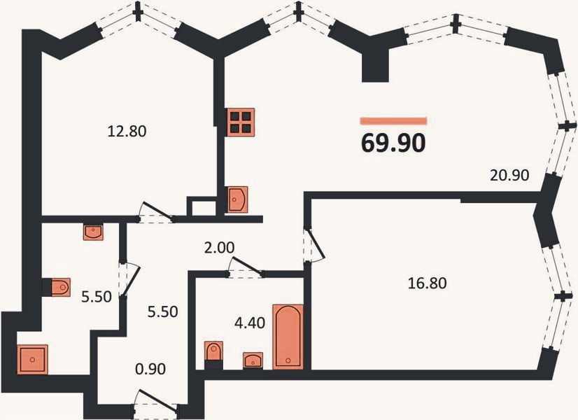 Планировка: 2-к, 69,9 м²
