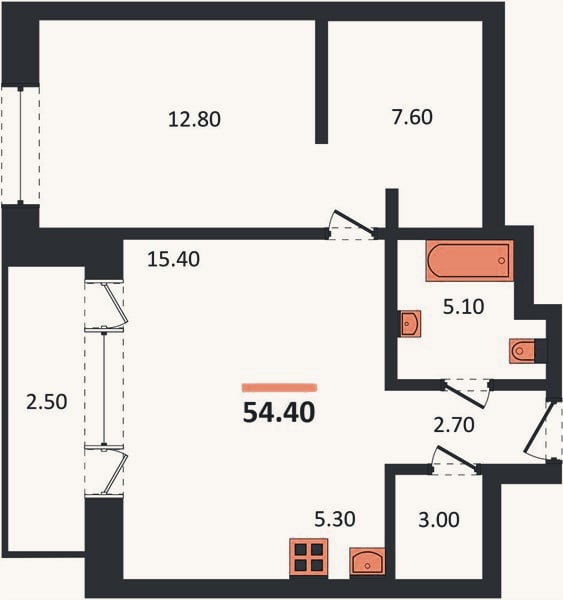 Планировка: 1-к, 54,4 м²