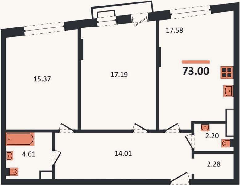 Планировка: 2-к, 73 м²