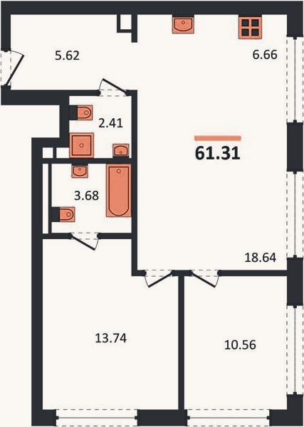 Планировка: 2-к, 61,3 м²