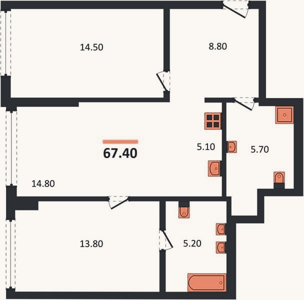 Планировка: 2-к, 67,4 м²