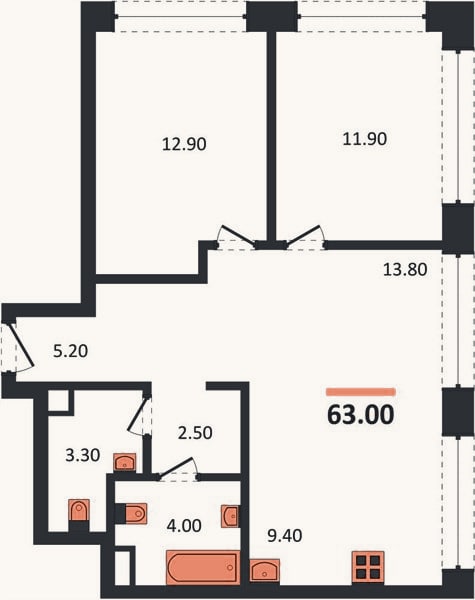 Планировка: 2-к, 63,6 м²