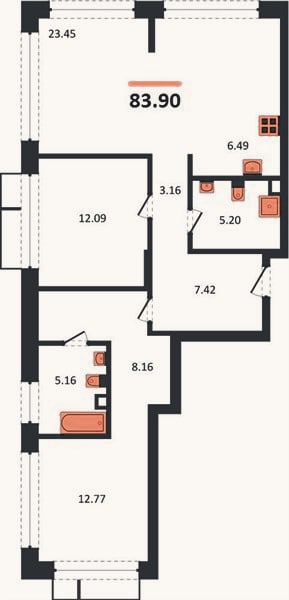 Планировка: 2-к, 83,9 м²