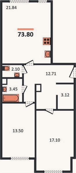 Планировка: 2-к, 73,8 м²