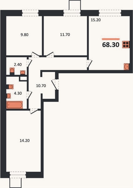 Планировка: 3-к, 68,3 м²