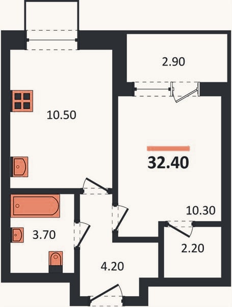 Планировка: 1-к, 32,4 м²