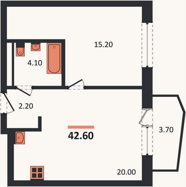 Планировка: 1-к, 42,6 м²