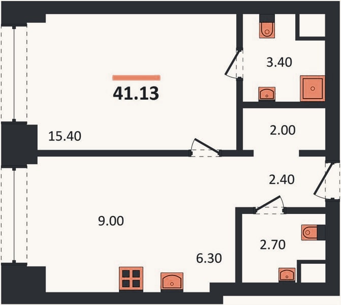 Планировка: 1-к, 41,1 м²
