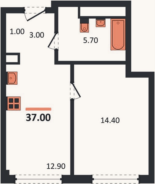 Планировка: 1-к, 37 м²