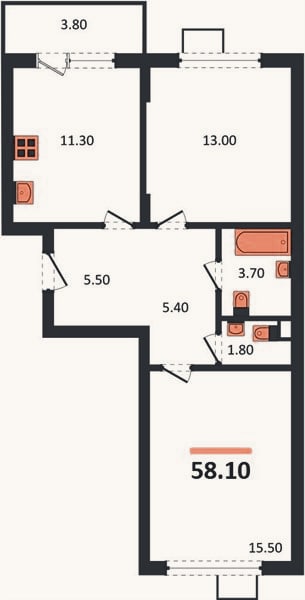 Планировка: 2-к, 58,1 м²