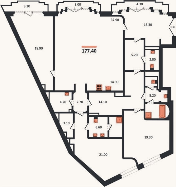 Планировка: 3-к, 177,4 м²