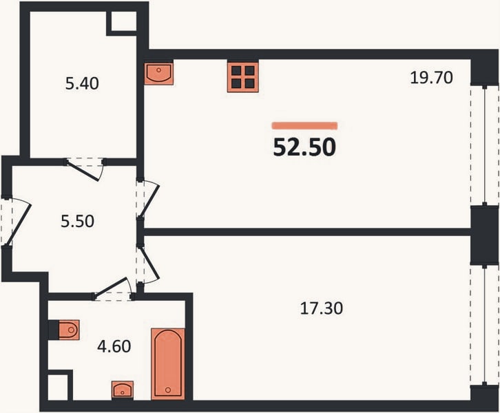 Планировка: 1-к, 52,5 м²